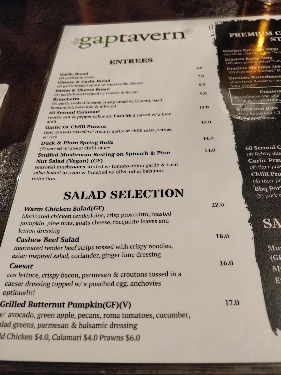 Menu, The Gap Tavern