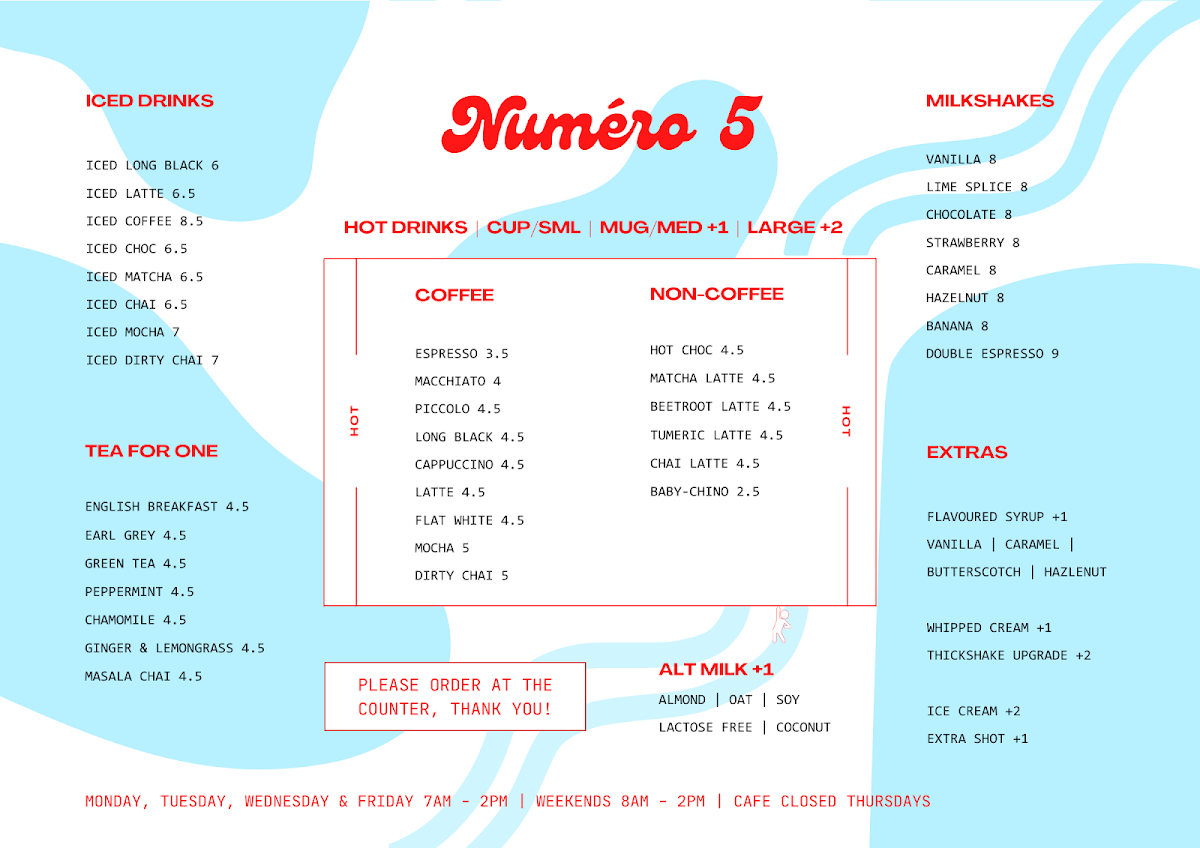 Menu, Numéro 5 Cafe