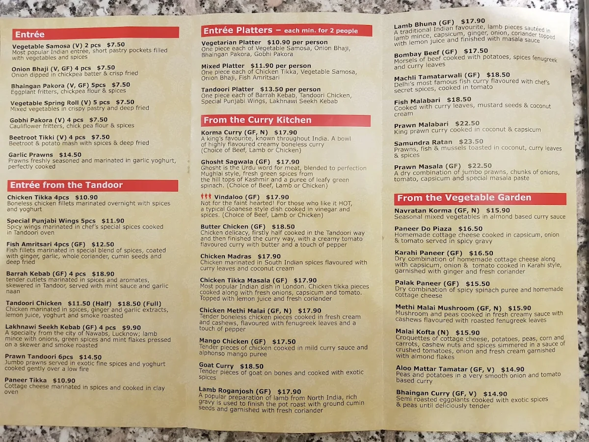 Menu, Shahi Aroma Indian Cuisine