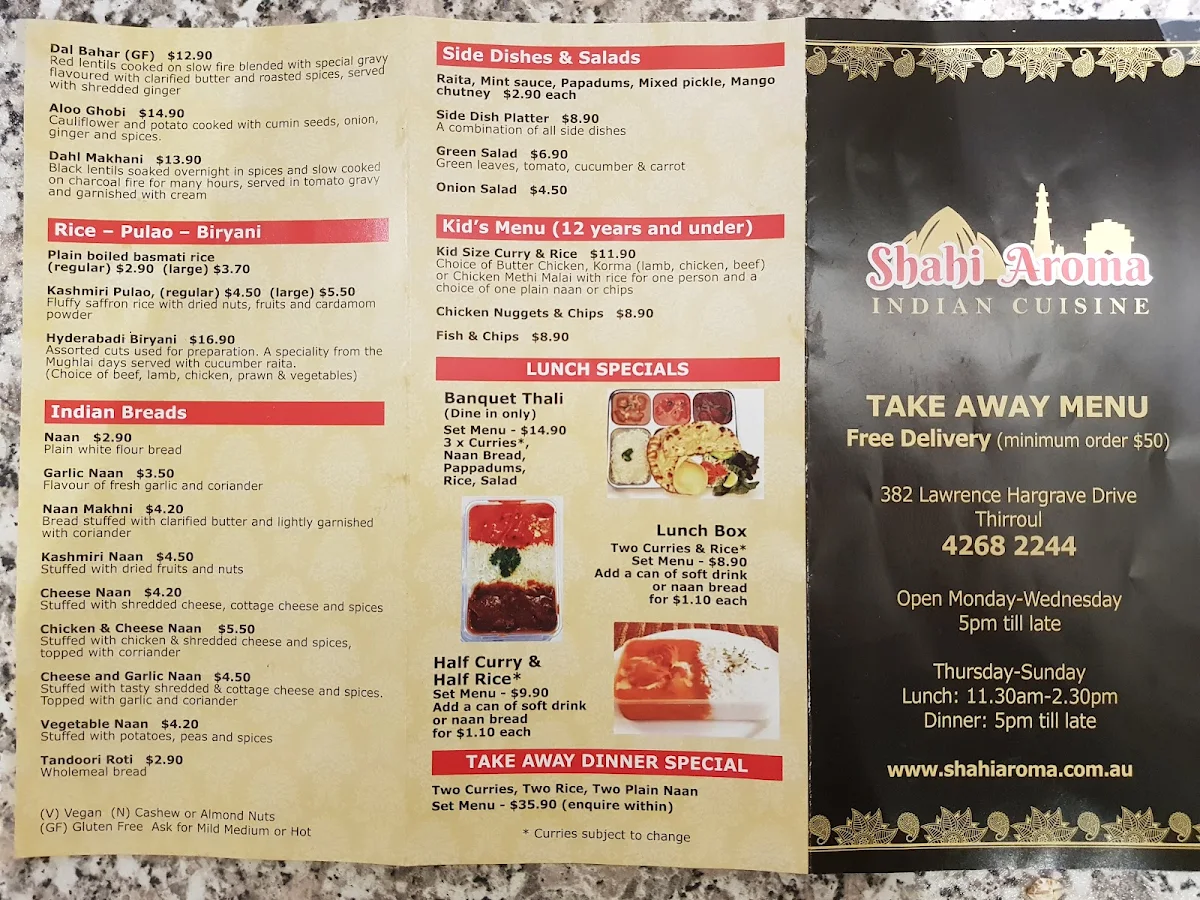Menu, Shahi Aroma Indian Cuisine