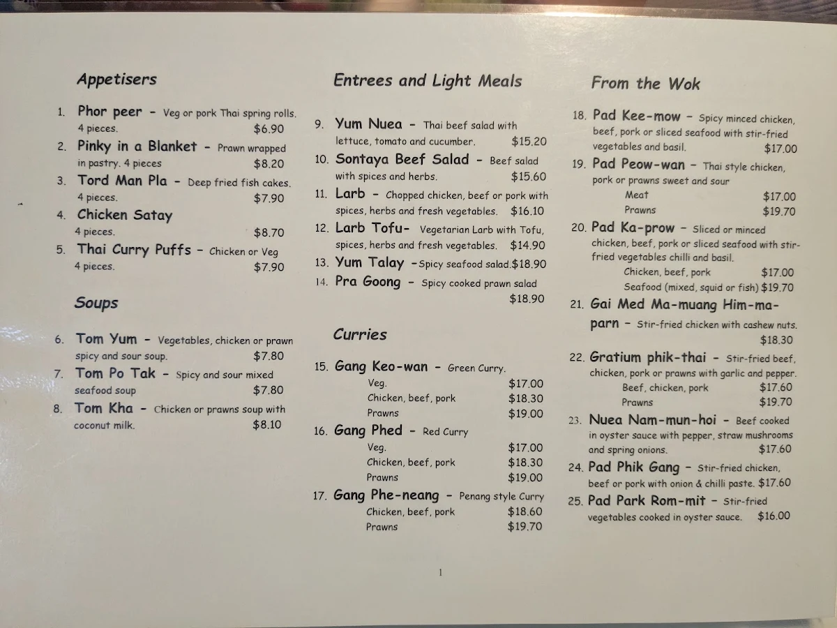 Menu, Thai Sontaya