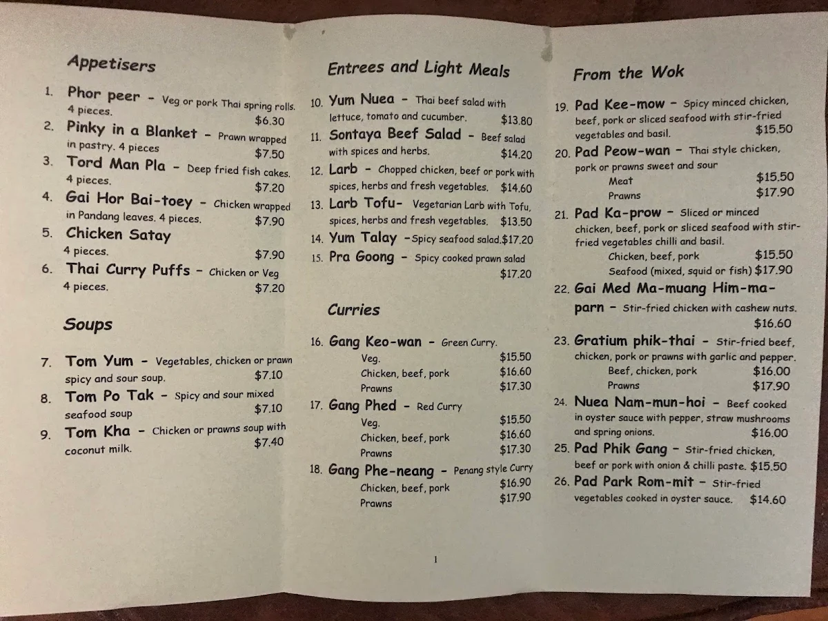 Menu, Thai Sontaya