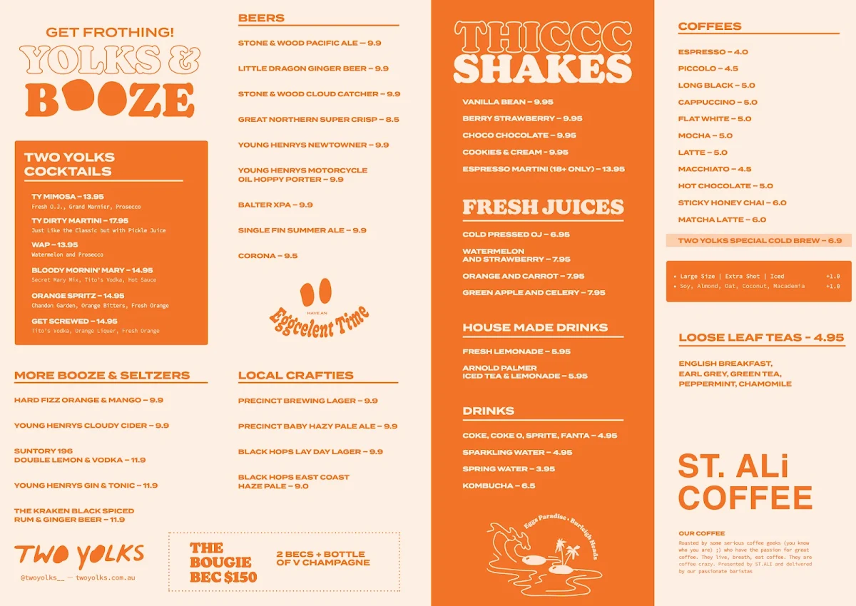 Menu, Two Yolks Burleigh