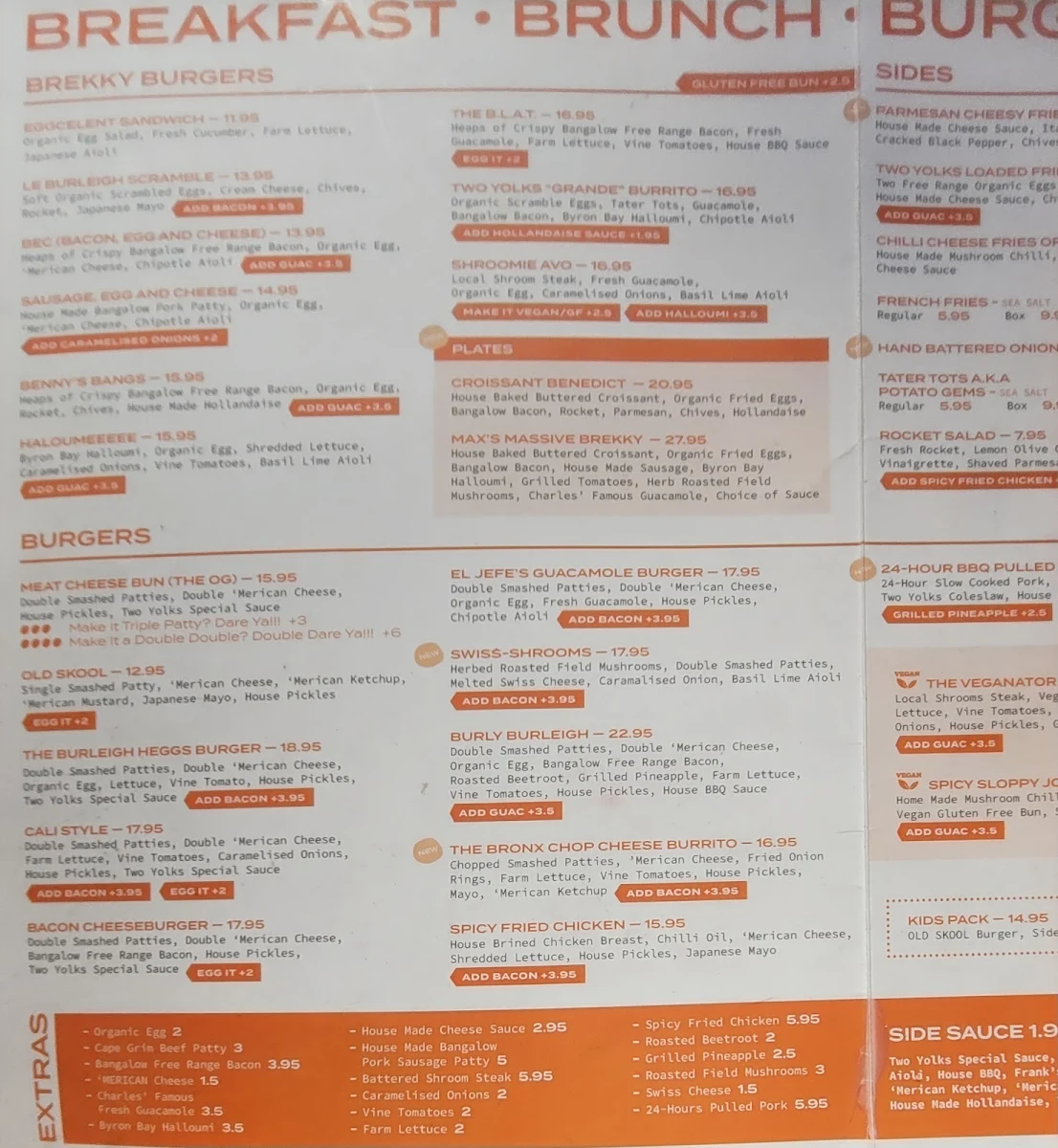 Menu, Two Yolks Burleigh