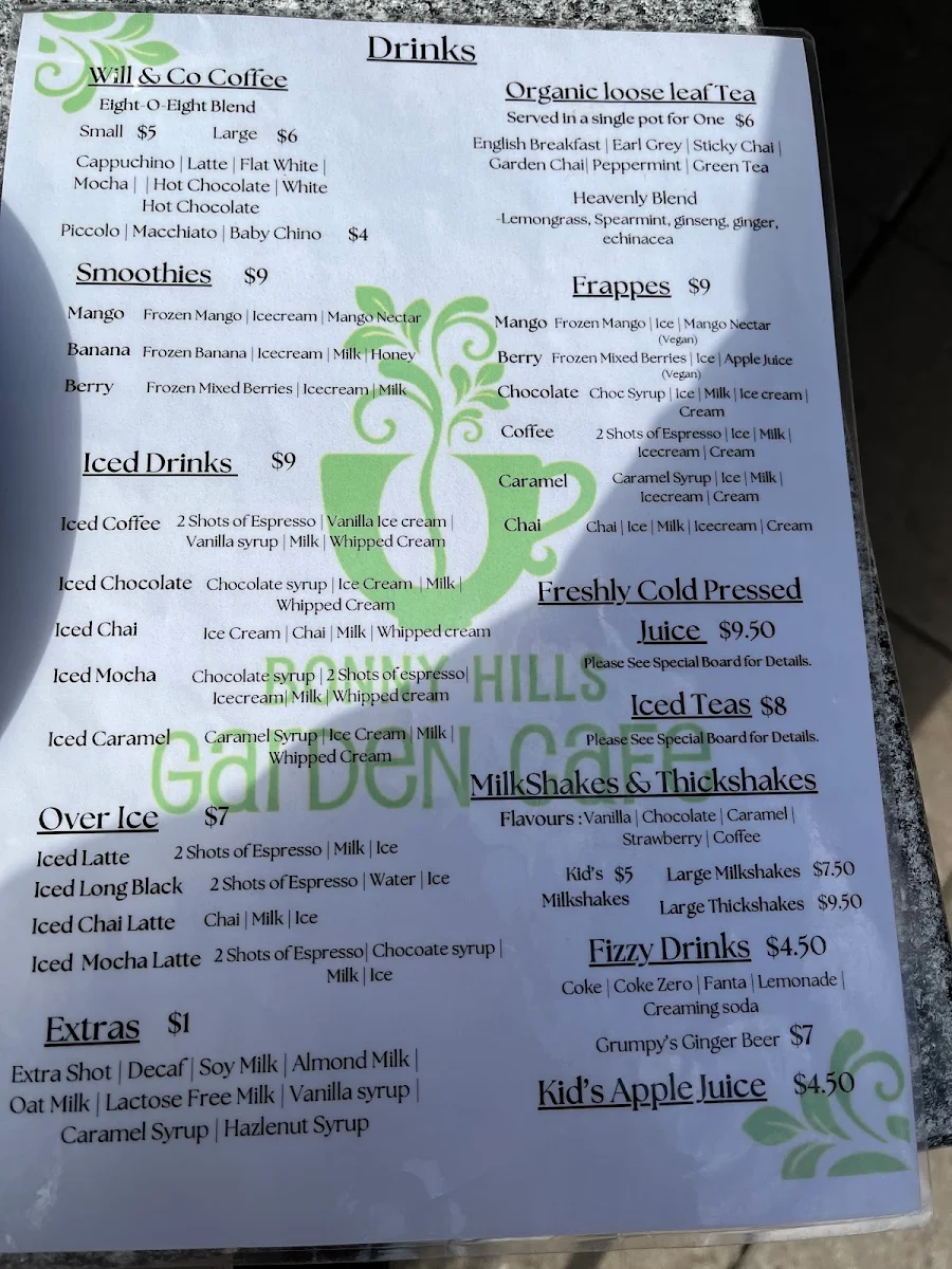 Menu, Bonny Hills Garden Cafe