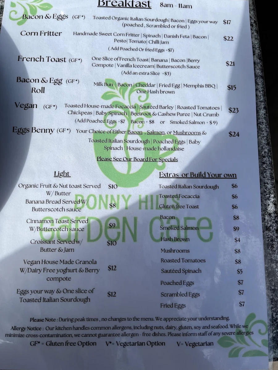 Menu, Bonny Hills Garden Cafe