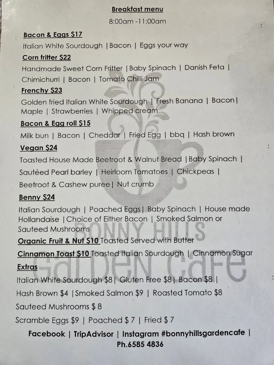 Menu, Bonny Hills Garden Cafe