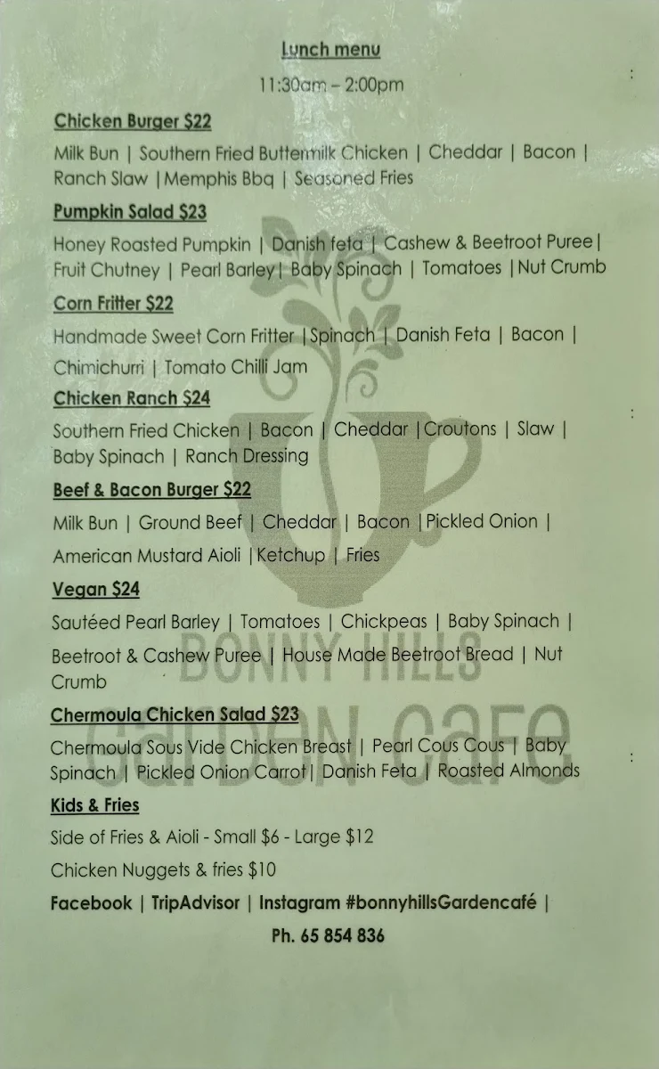 Menu, Bonny Hills Garden Cafe