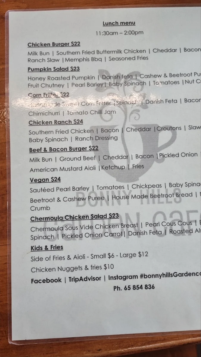 Menu, Bonny Hills Garden Cafe