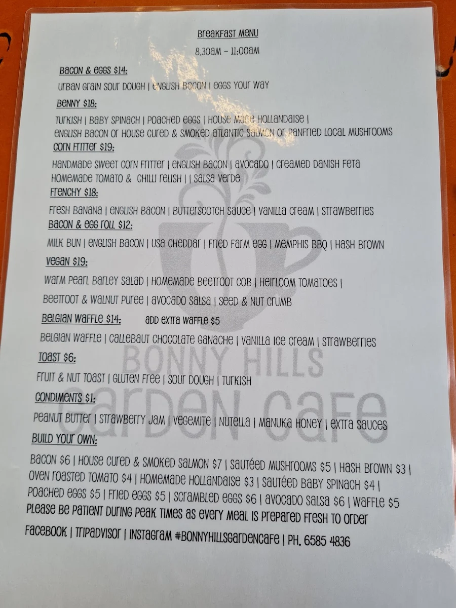 Menu, Bonny Hills Garden Cafe