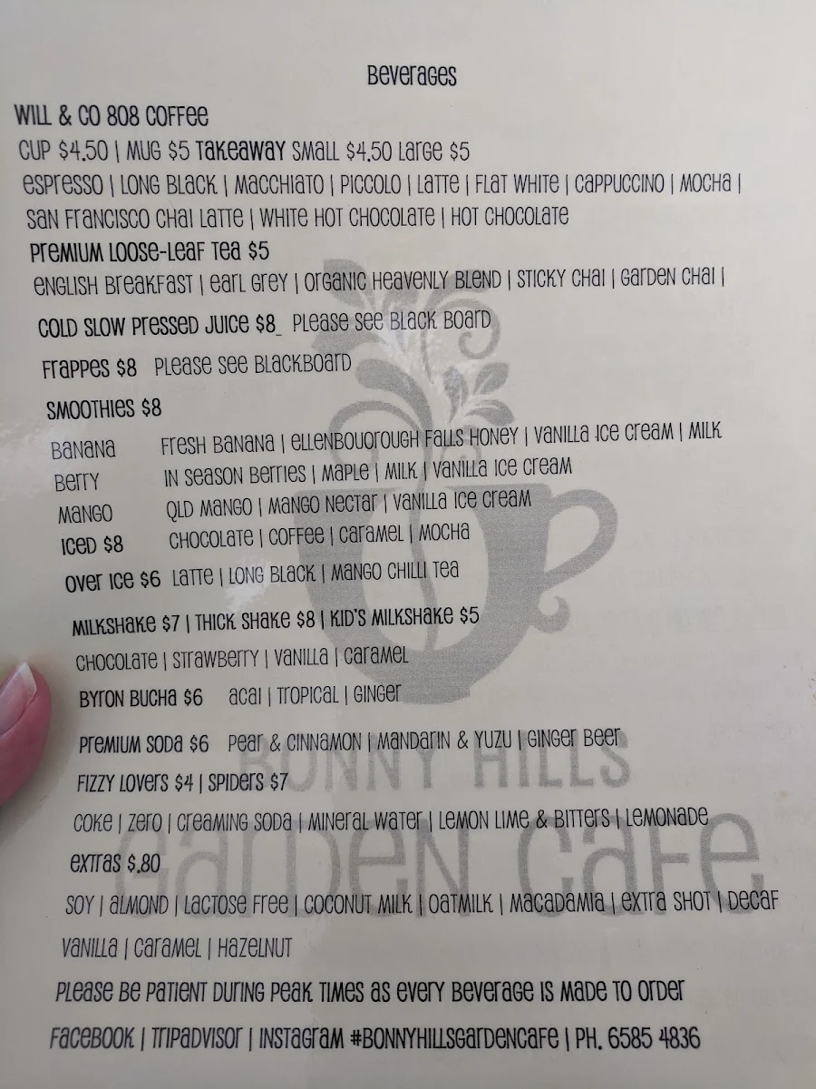 Menu, Bonny Hills Garden Cafe