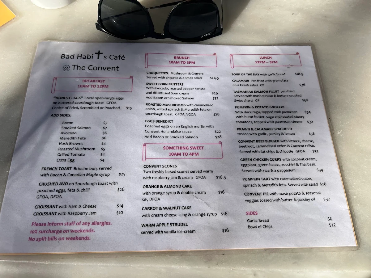 Menu, Bad Habits Café