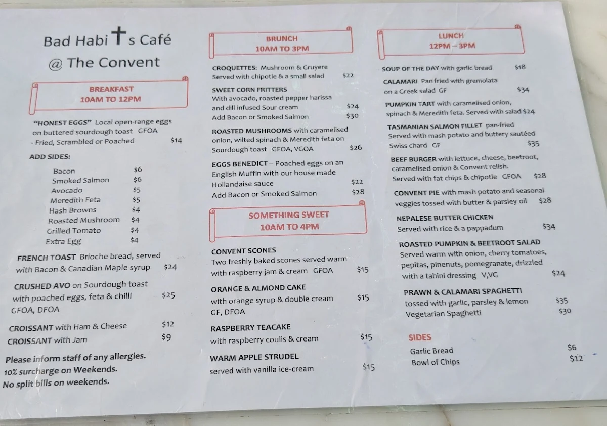 Menu, Bad Habits Café