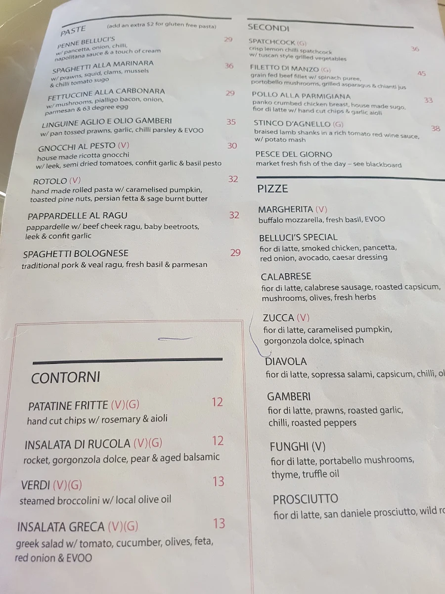 Menu, Belluci's Manuka