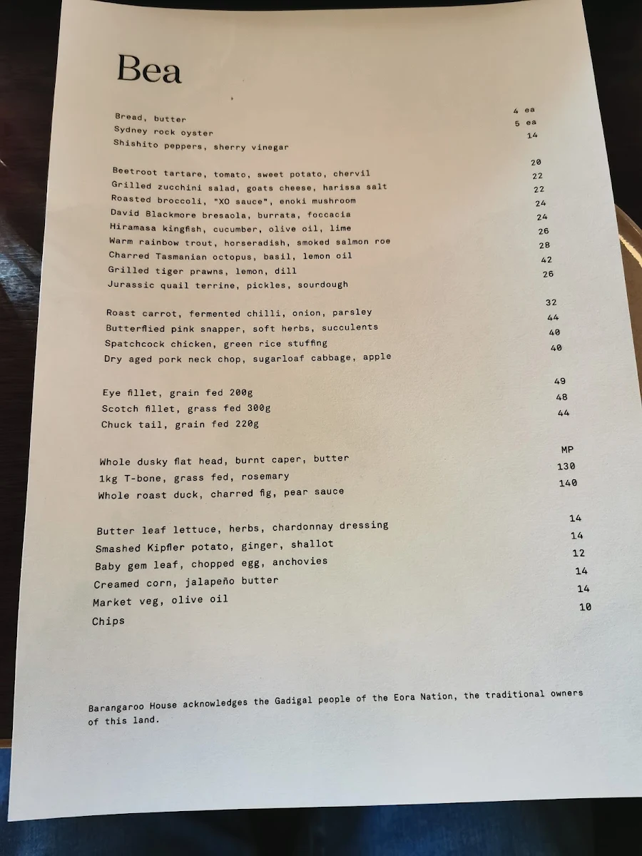 Menu, Barangaroo House