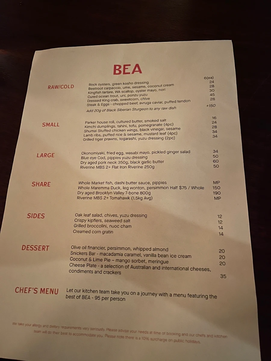 Menu, Barangaroo House