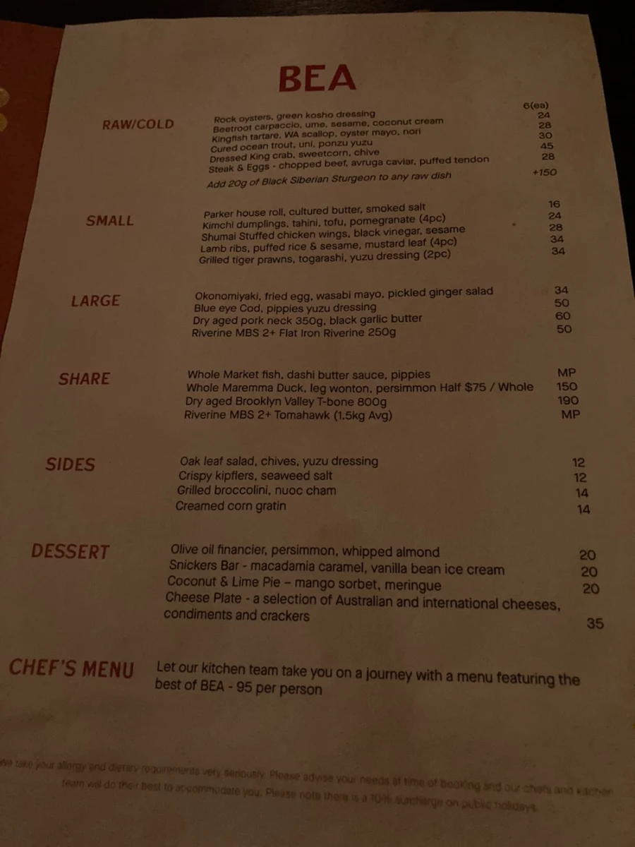 Menu, Barangaroo House