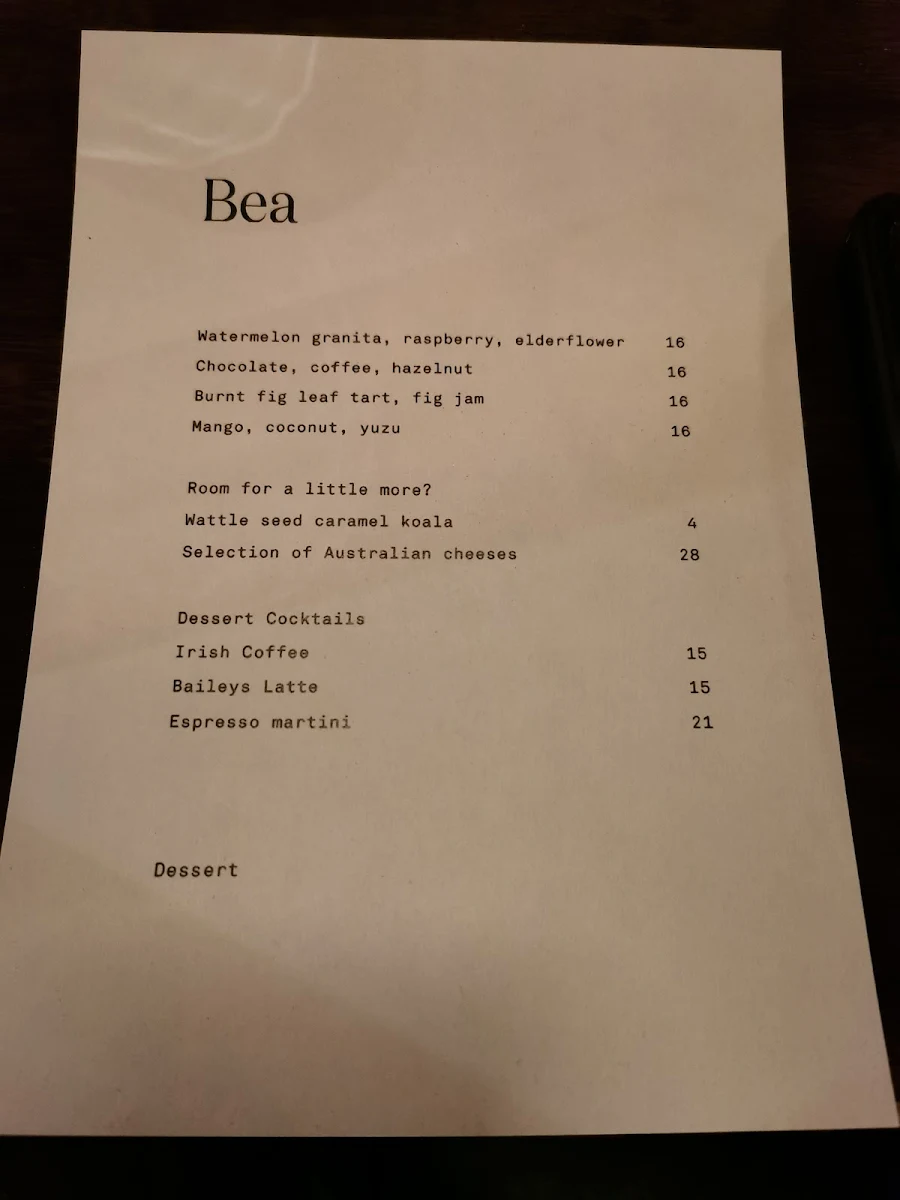 Menu, Barangaroo House