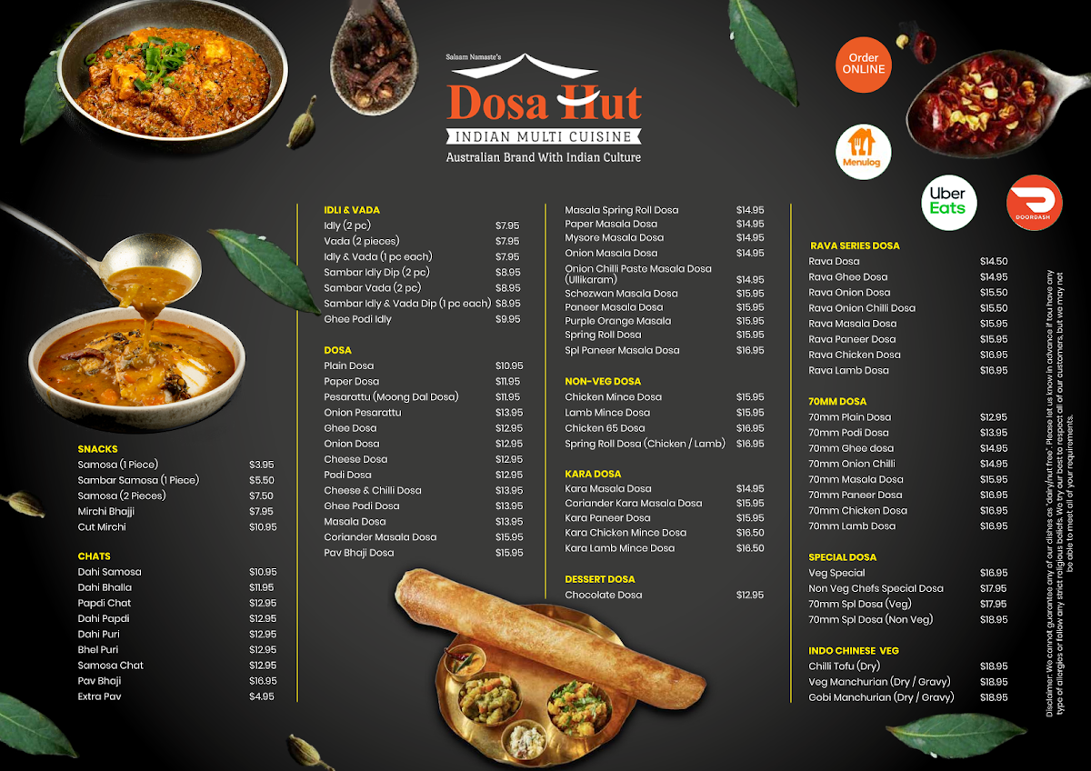 Menu, Dosa Hut Indian Restaurant Harris Park