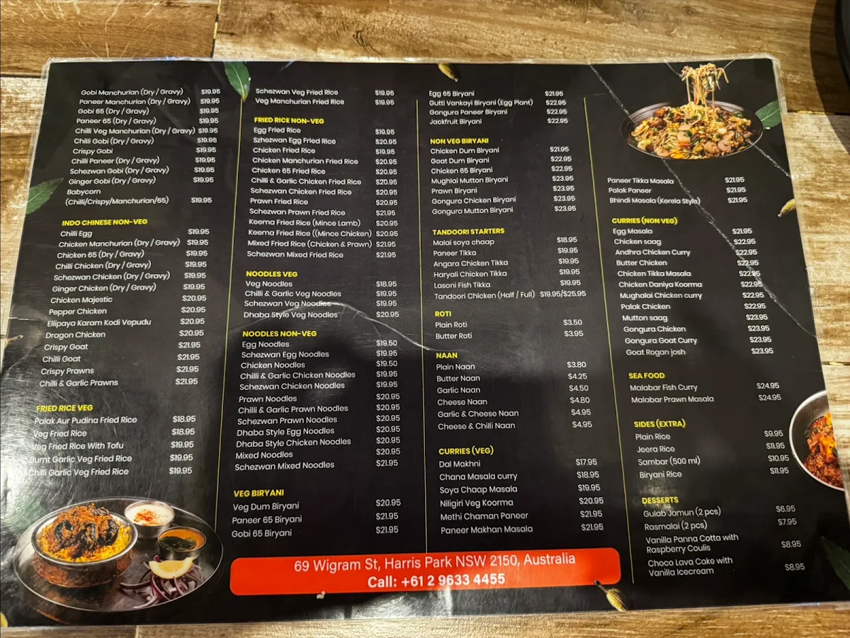 Menu, Dosa Hut Indian Restaurant Harris Park