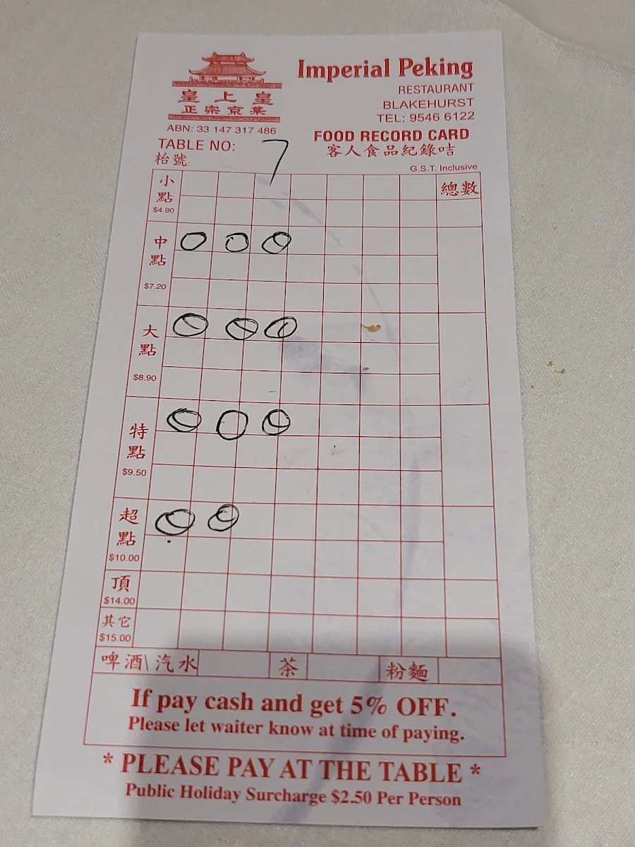 Menu, Imperial Peking Blakehurst