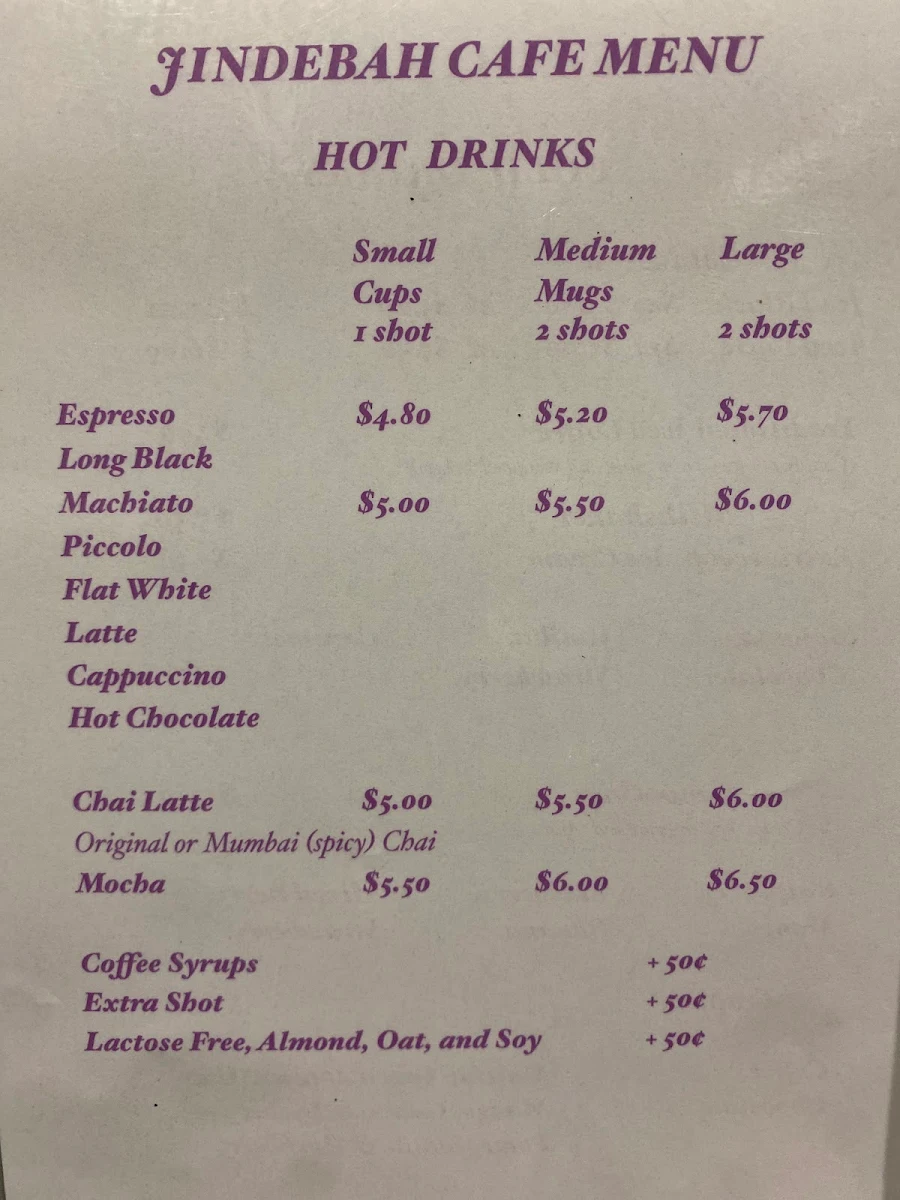 Menu, Jindebah Café