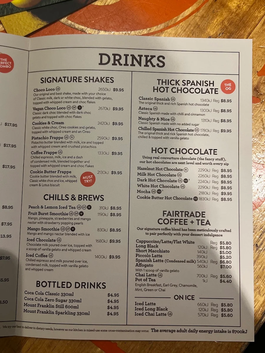 Menu, San Churro Mandurah
