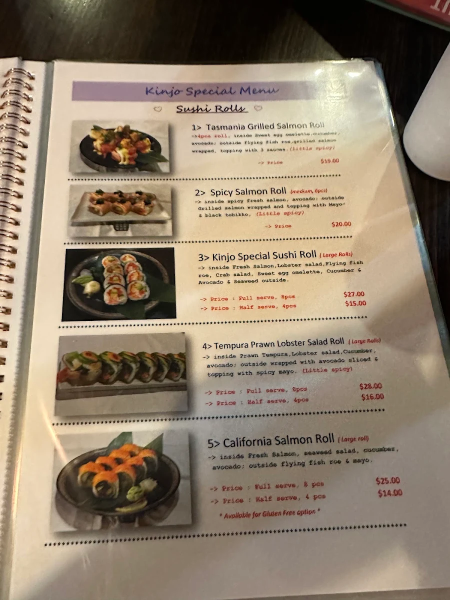 Menu, KinJo Japanese Restaurant & Sushi Bar