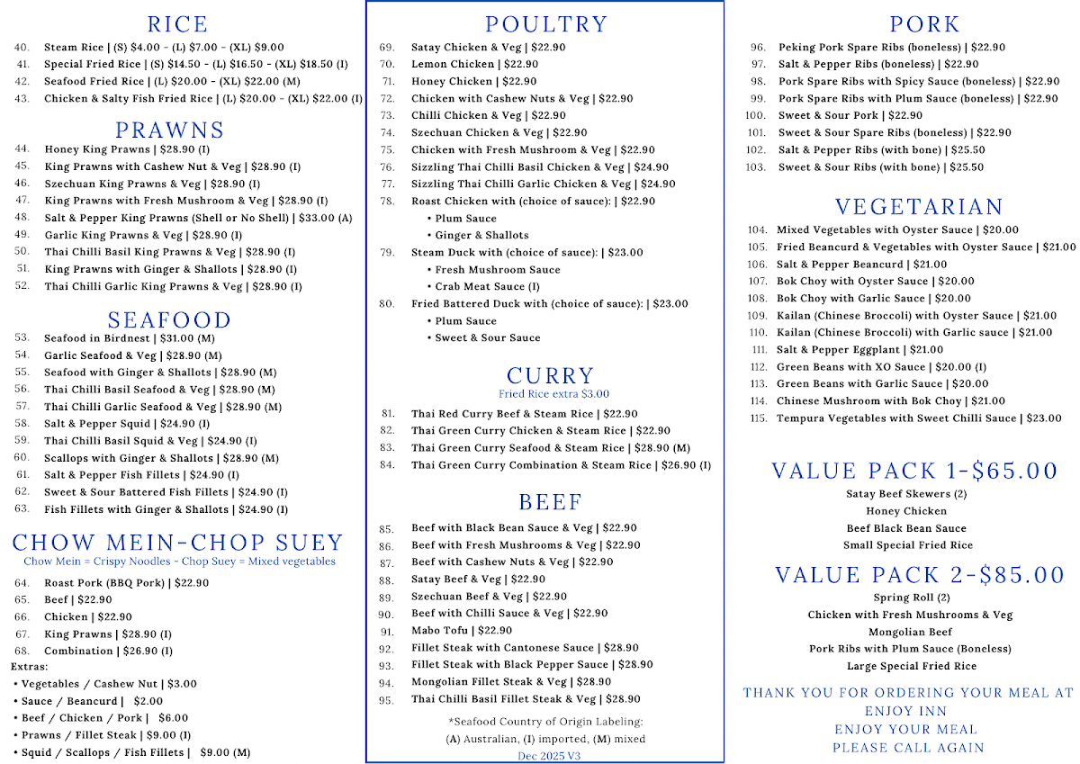 Menu, Enjoy Inn