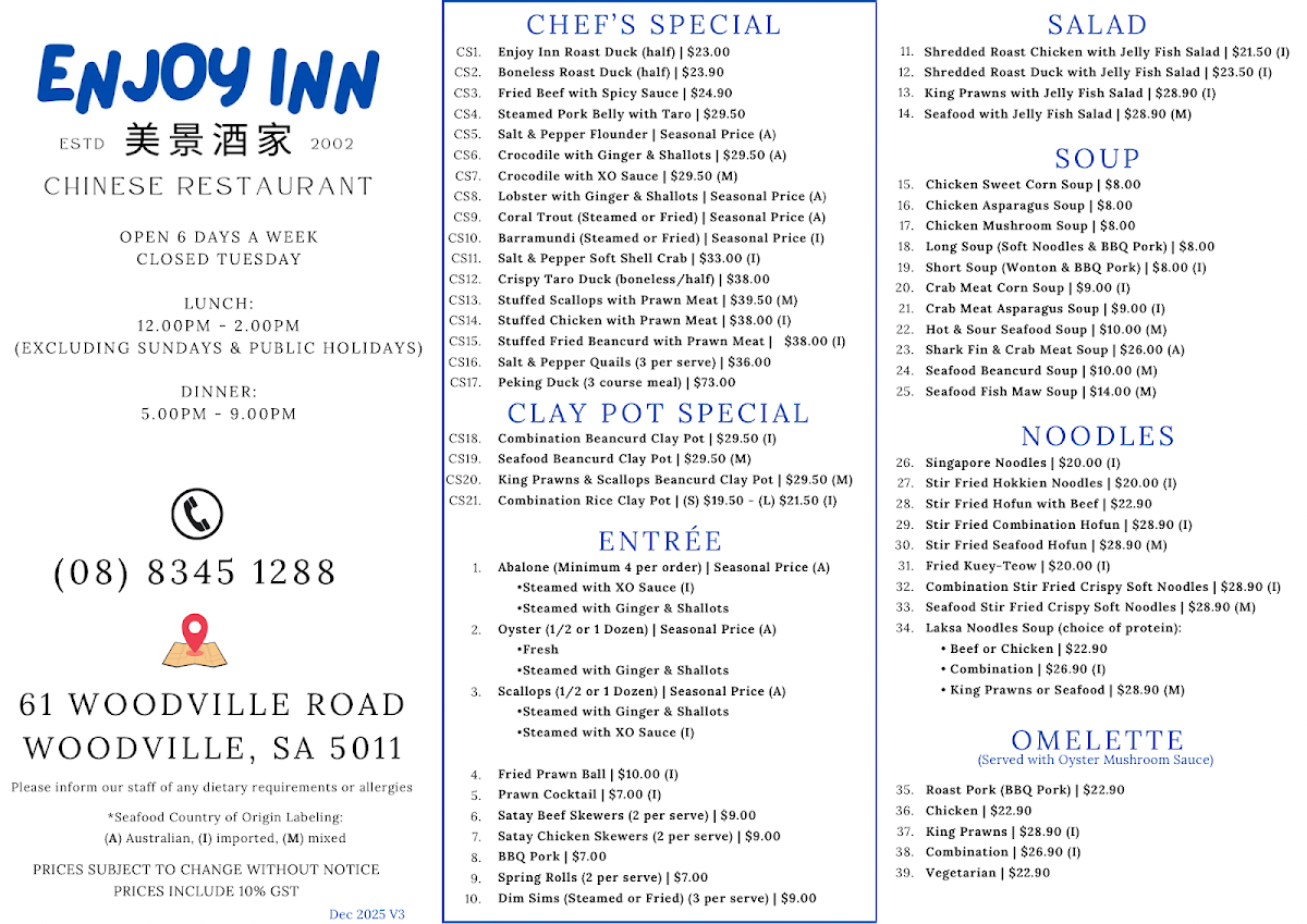 Menu, Enjoy Inn