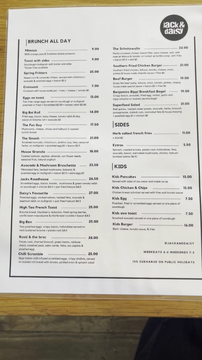 Menu, Jack & Daisy