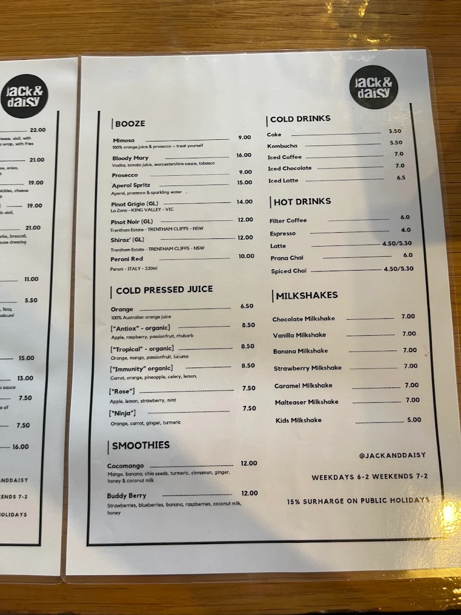 Menu, Jack & Daisy