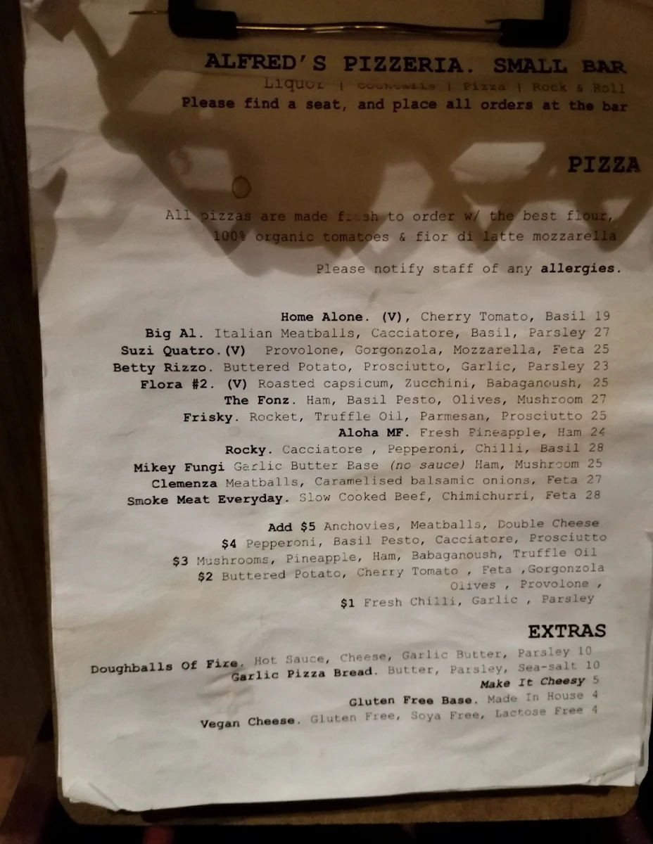 Menu, Alfred's Pizzeria
