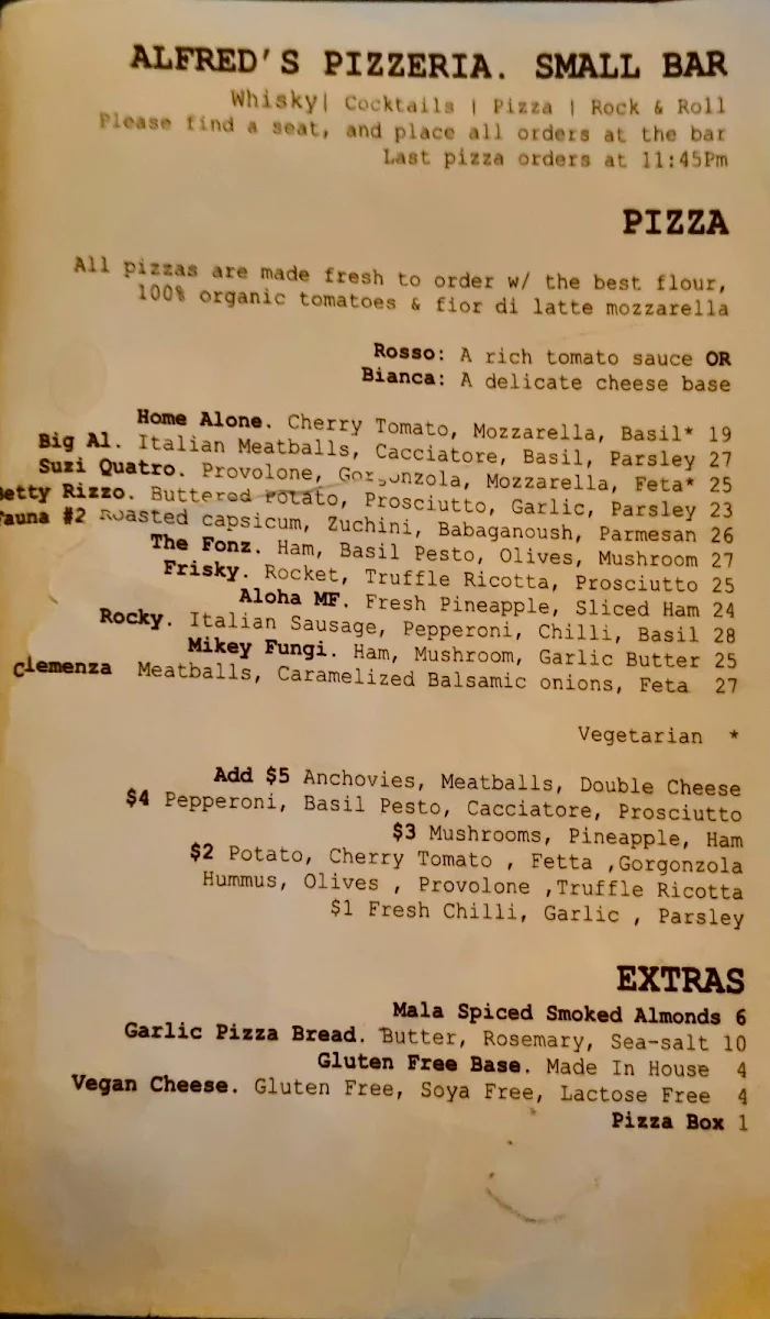 Menu, Alfred's Pizzeria