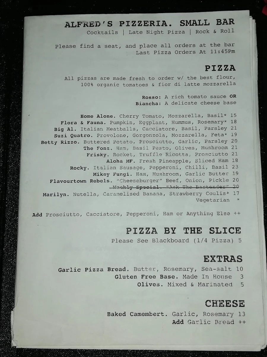 Menu, Alfred's Pizzeria