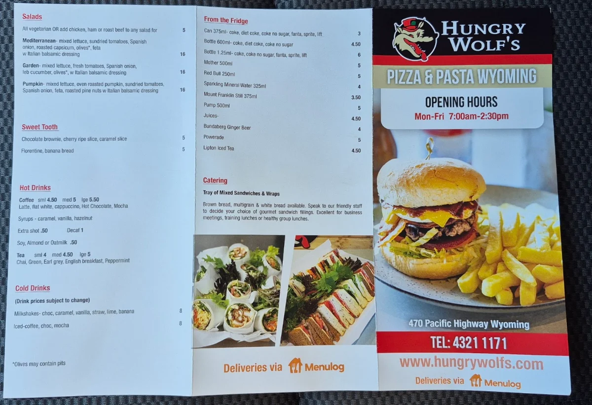 Menu, Wyoming Hungry Wolf's Pizza & Pasta