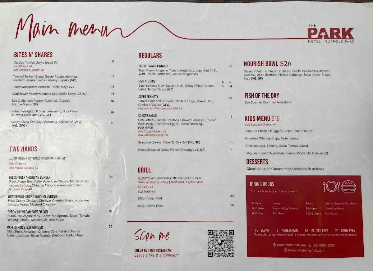 Menu, The Park Restaurant