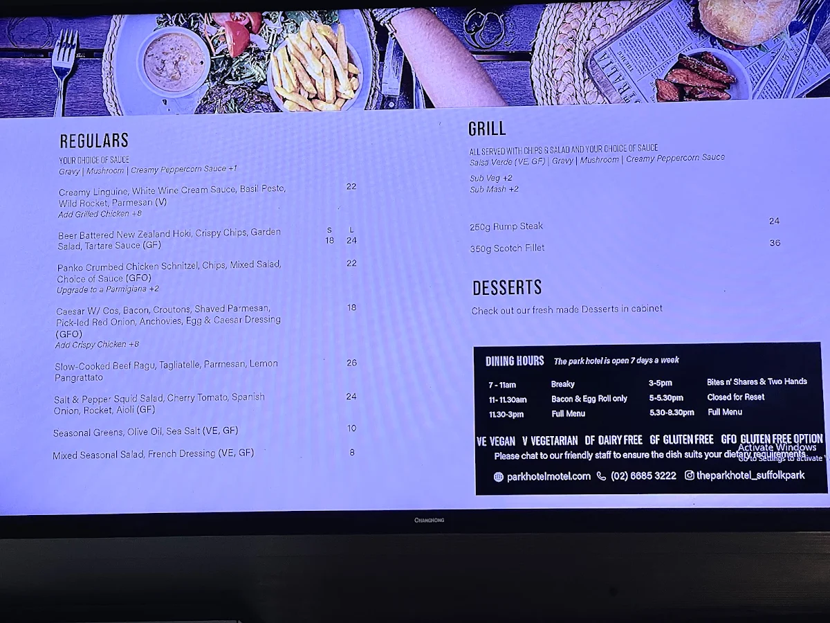 Menu, The Park Restaurant