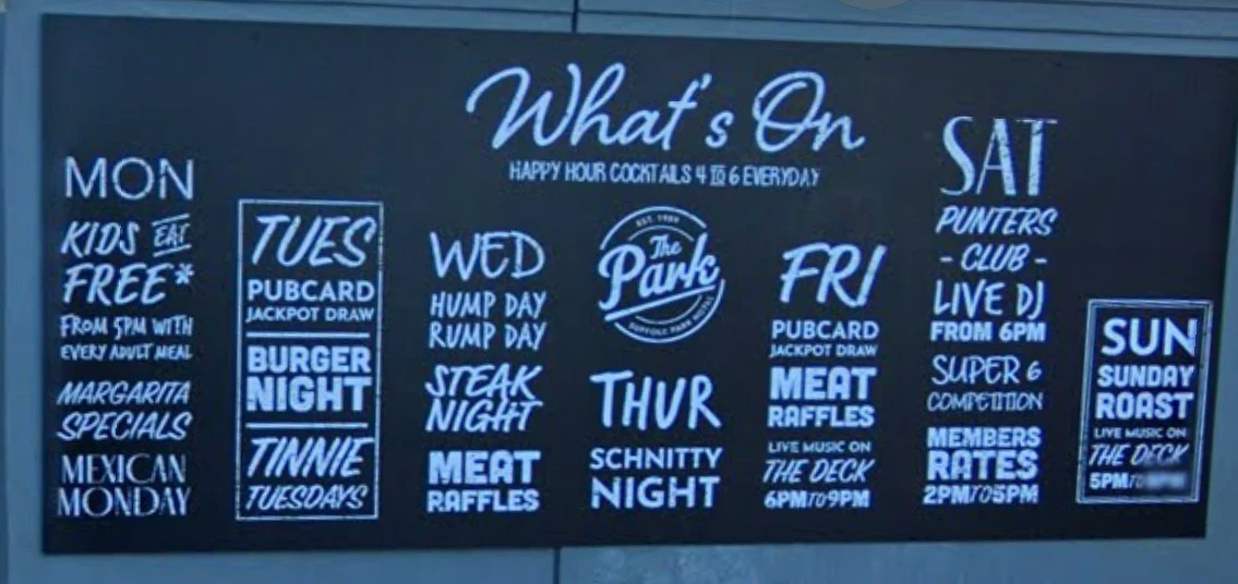 Menu, The Park Restaurant