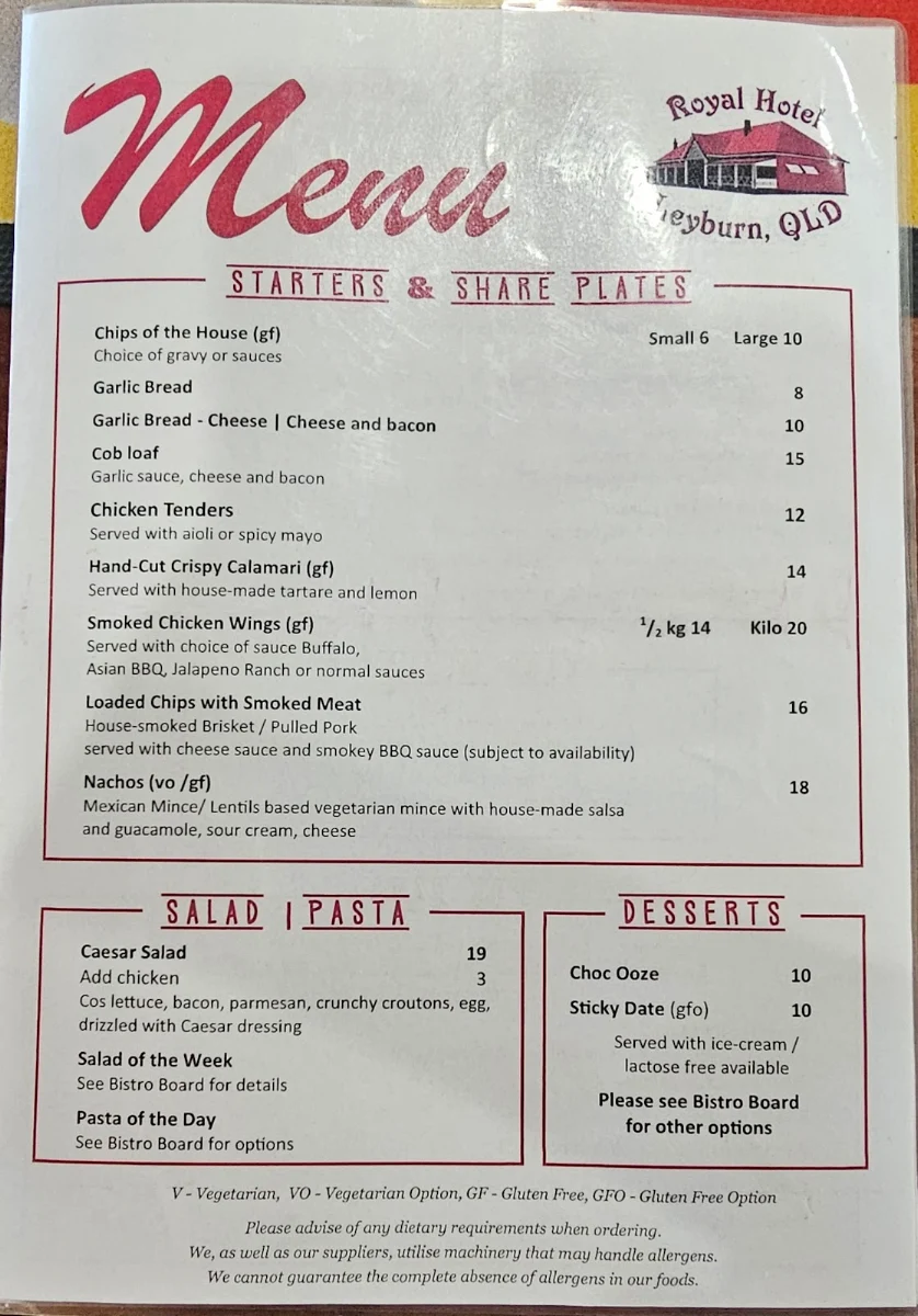 Menu, Royal Hotel