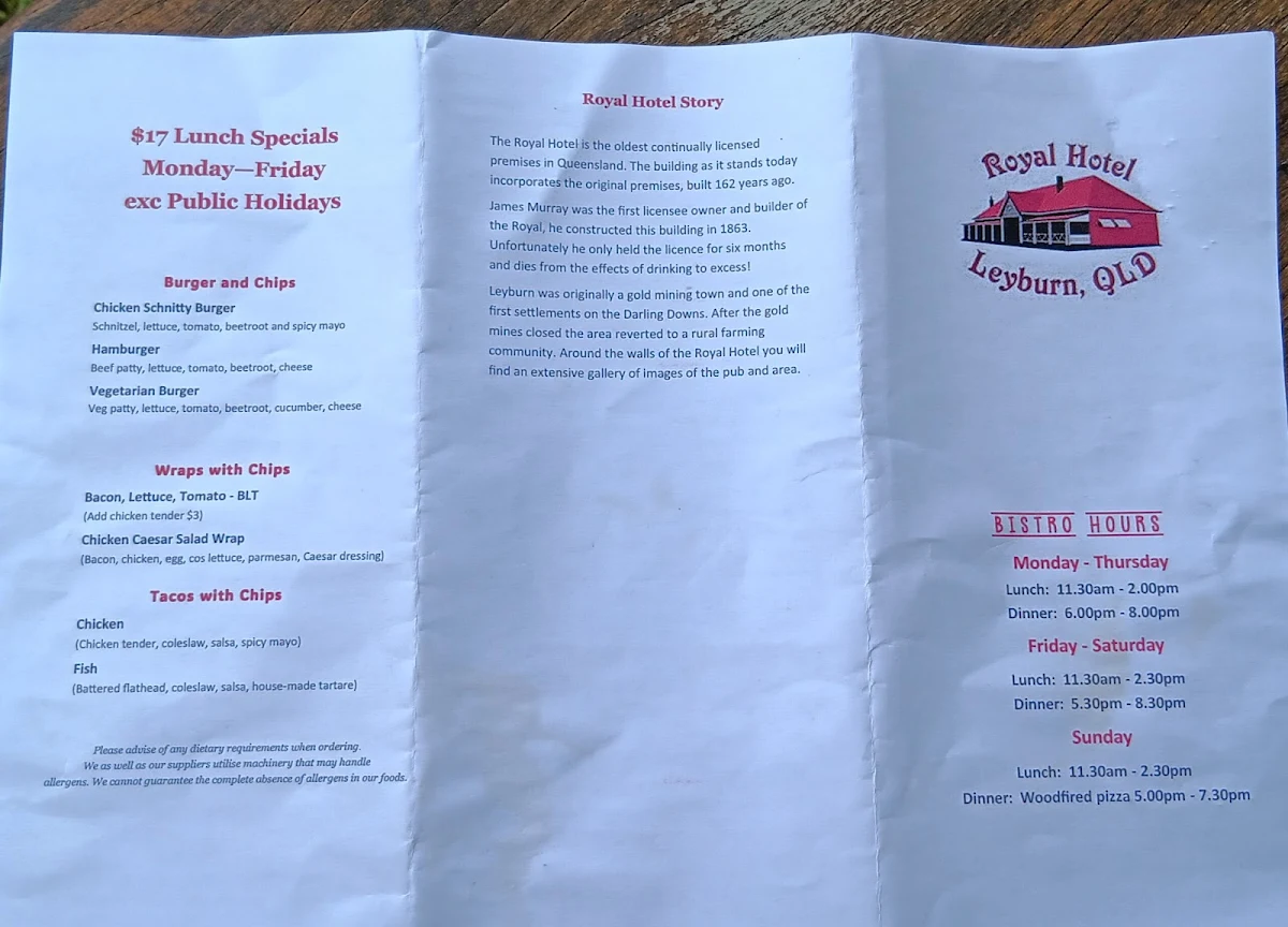 Menu, Royal Hotel
