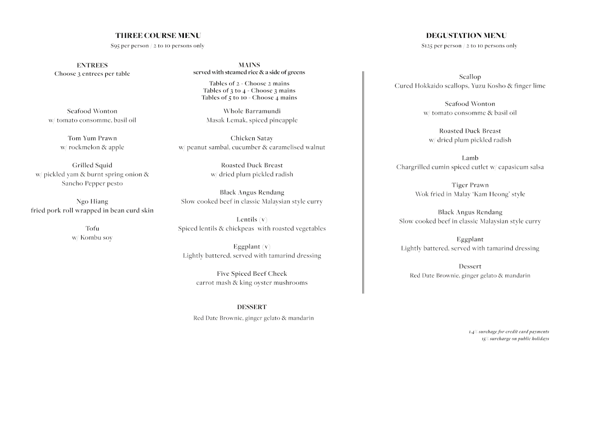 Menu, Lanterne Rooms