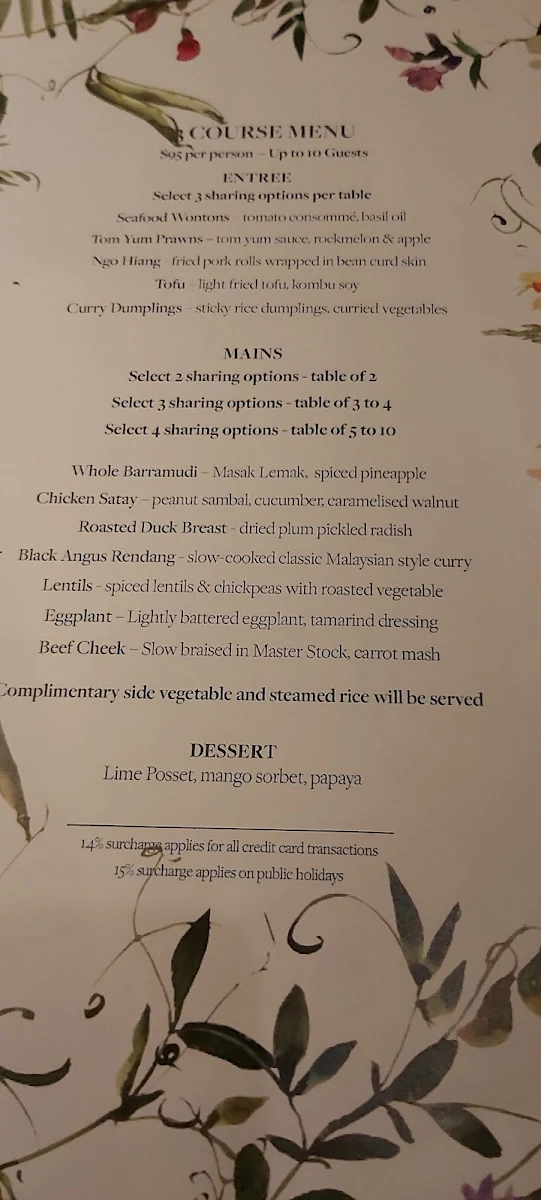 Menu, Lanterne Rooms