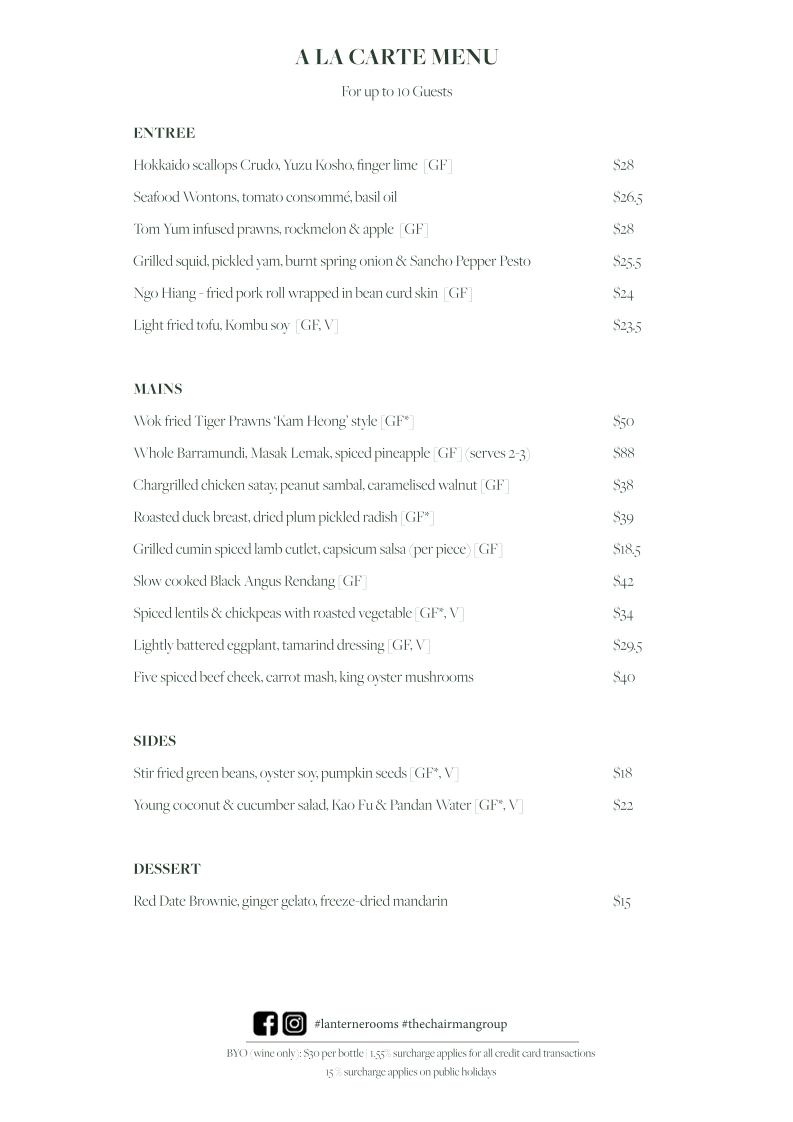Menu, Lanterne Rooms
