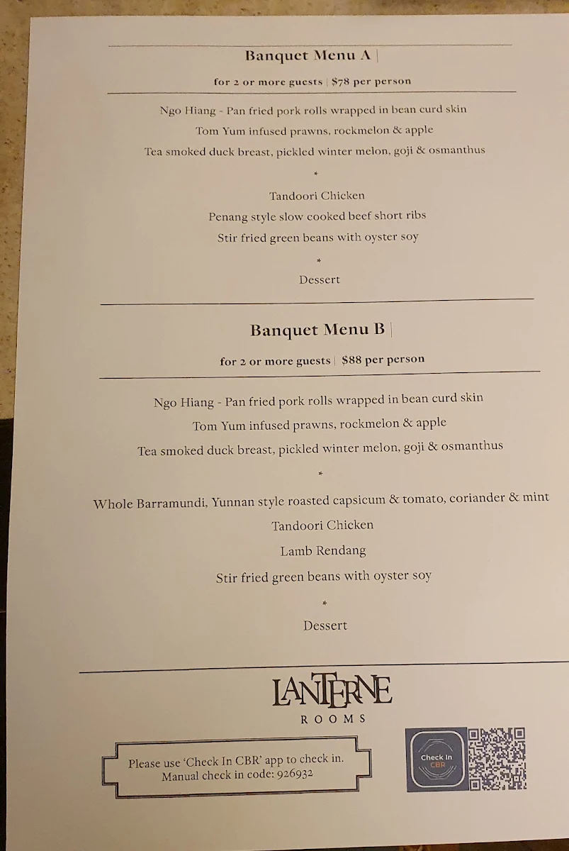 Menu, Lanterne Rooms