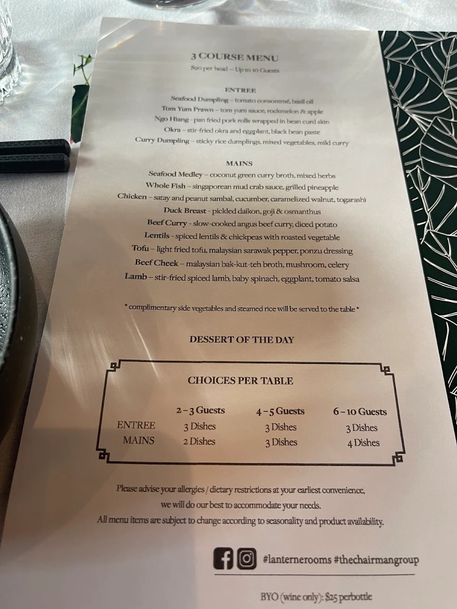 Menu, Lanterne Rooms