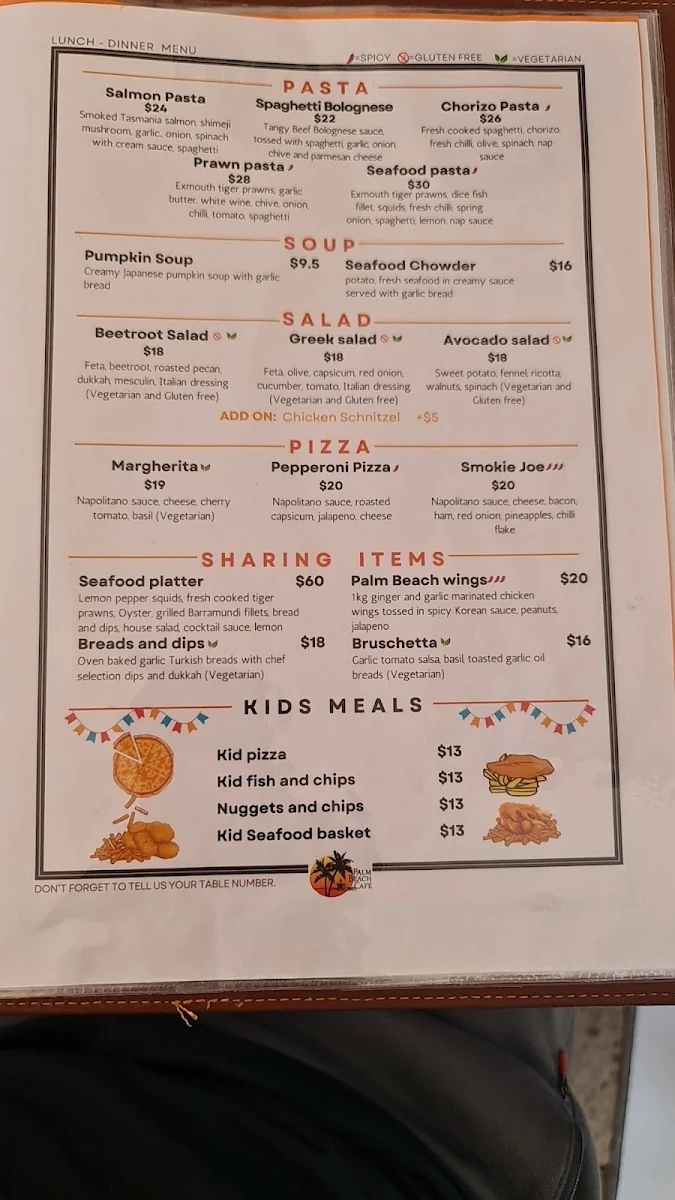 Menu, Palm Beach Café