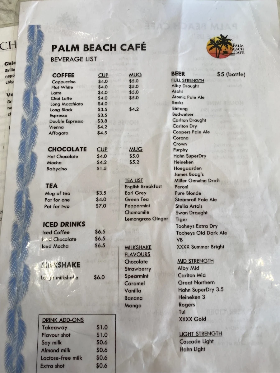 Menu, Palm Beach Café