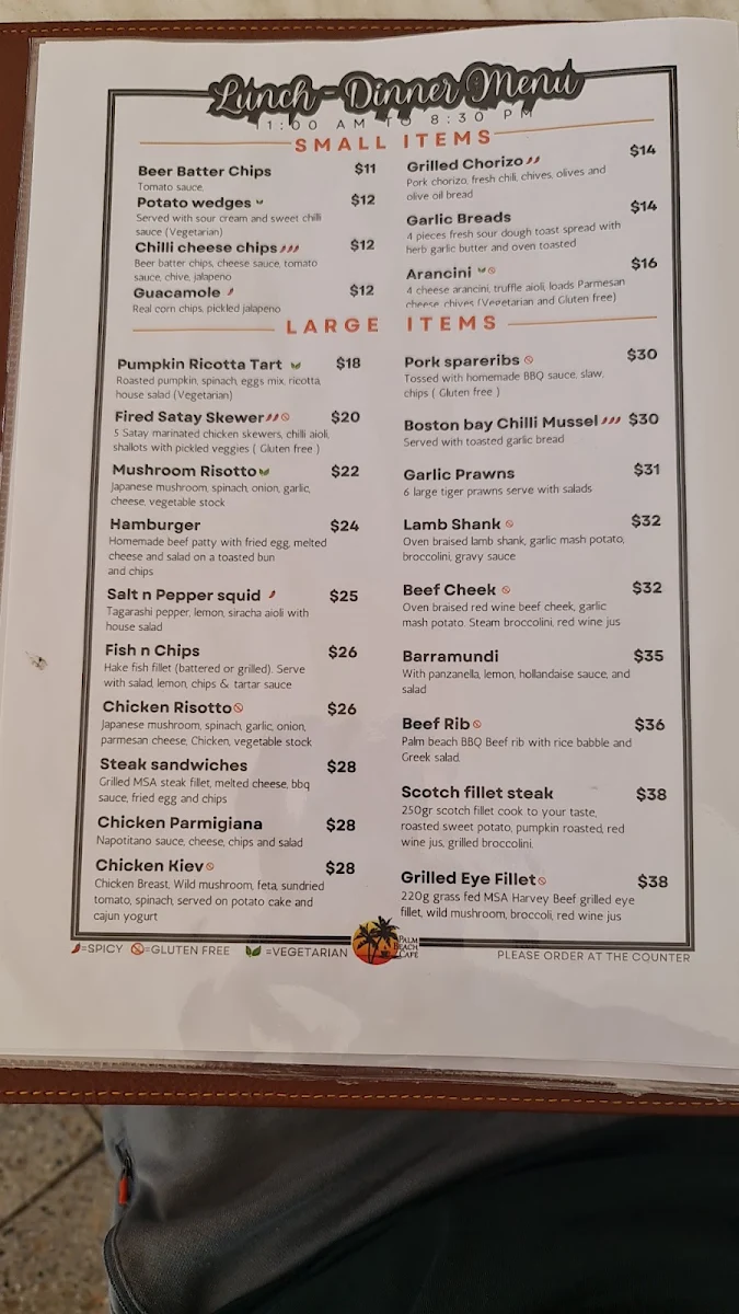 Menu, Palm Beach Café
