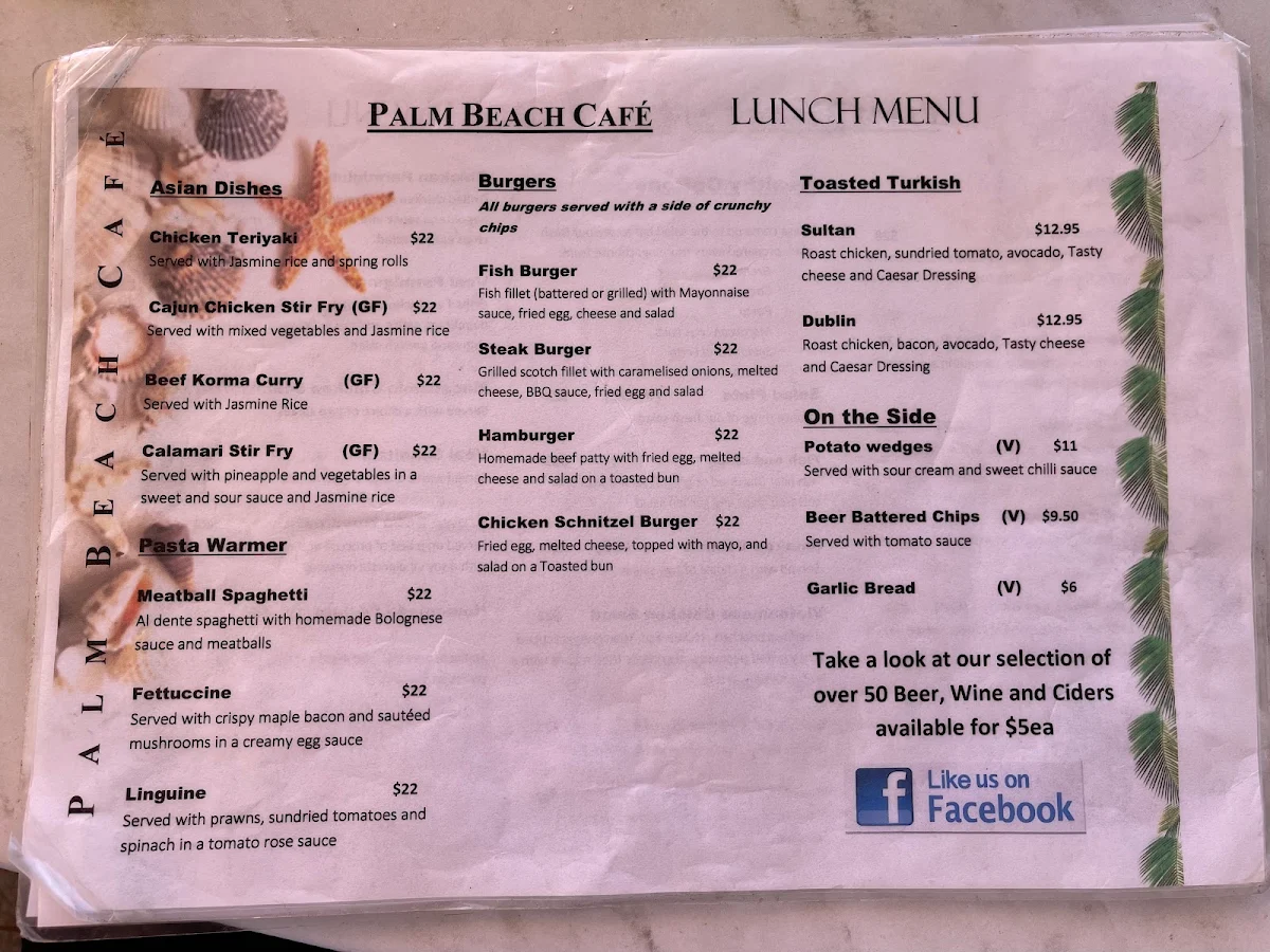 Menu, Palm Beach Café